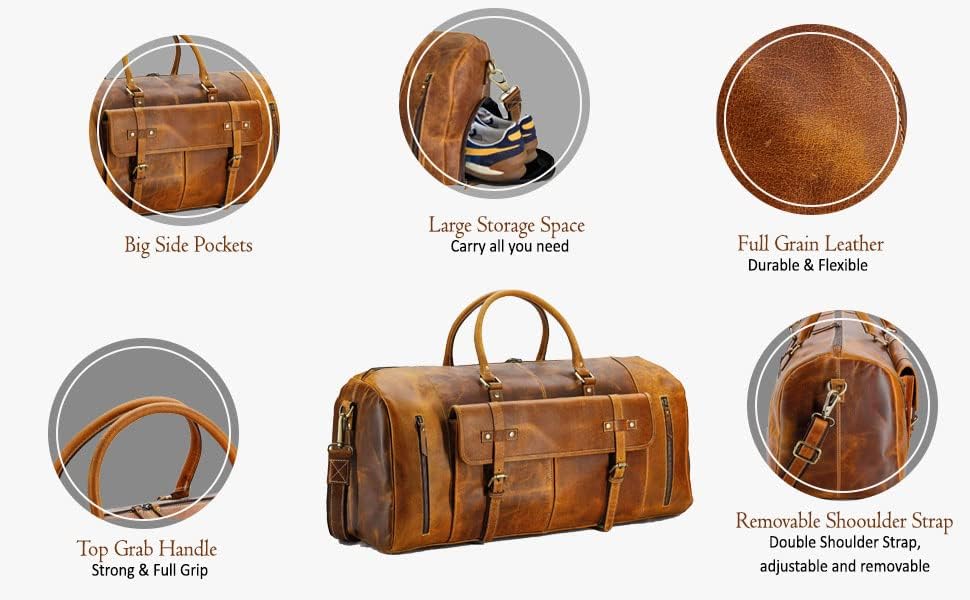 KomalC 24 Inch Leather Duffel Bags for Men and Women, Full Grain Buffalo Leather, Tan with Shoe Pocket