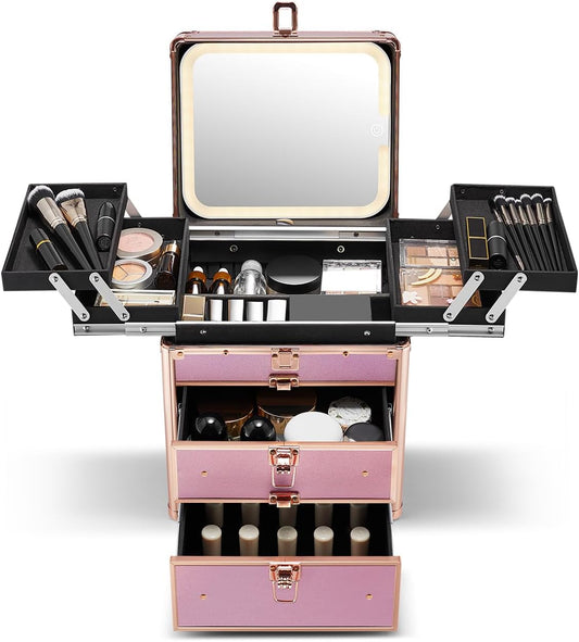 Qislee Makeup Box with Double Drawers and Four Trays, Detachable Lighted Mirror, Waterproof Travel Train Case, Cosmetic Organizer and Makeup Suitcase with Magnetic LED Mirror(Sparkling Gradient Pink)