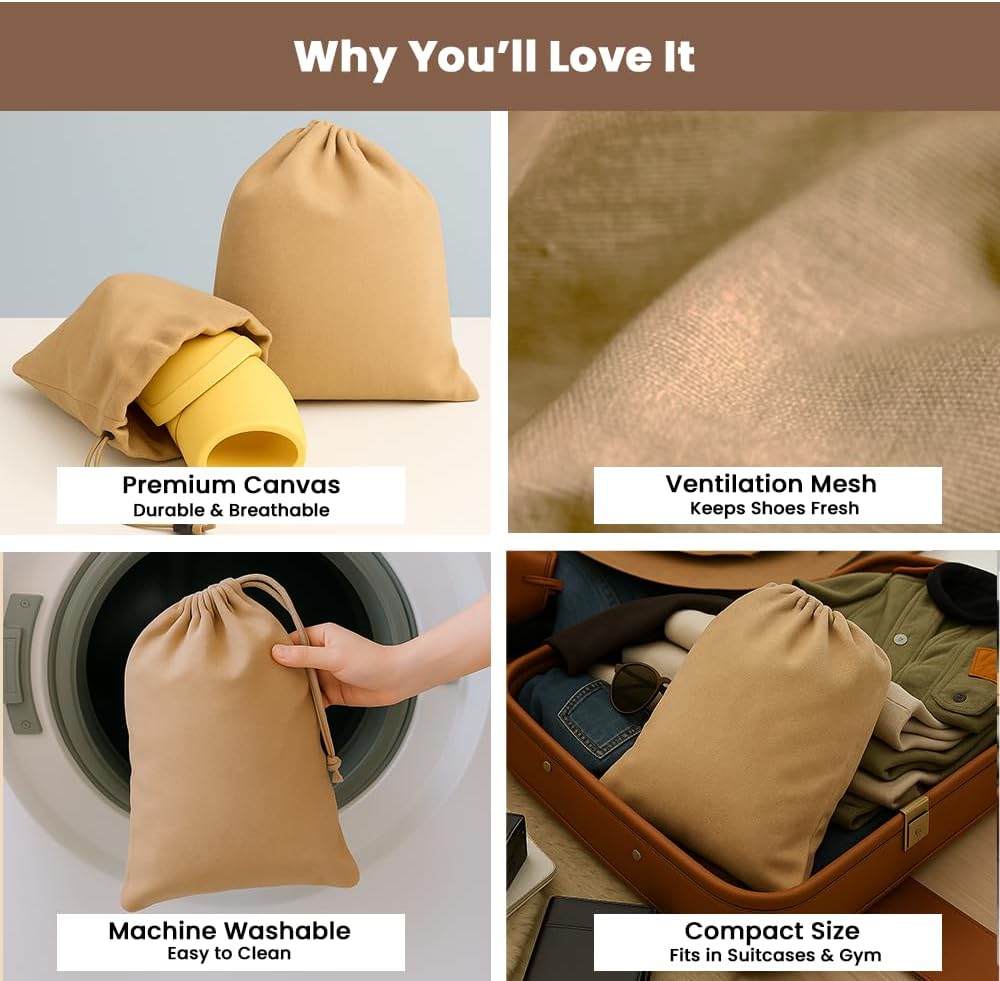 LFH Cotton Rich Shoe Storage Bags with Drawstring, Dustproof Breathable Reusable Organizer, Perfect For Travel, Dorm, Hotel, College, Gym, Easy to Carry, Machine Washable 12"x17" (Pack of 4) - Beige