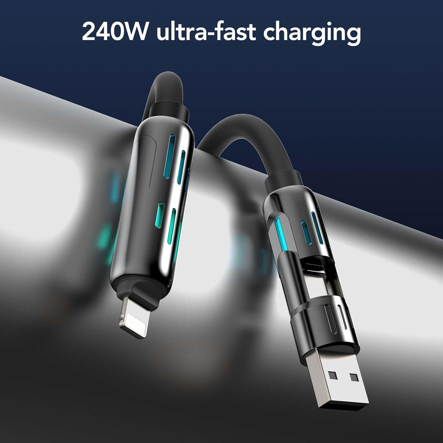 MFish 4-in-1 Universal USB Charging Cable with Carrying Case – 240W Max Fast Charger Cord, USB-A, Dual USB-C & Lighting, for iPhone 14/15/16/17 Series, iPad & MacBook and More (Black, 10FT)
