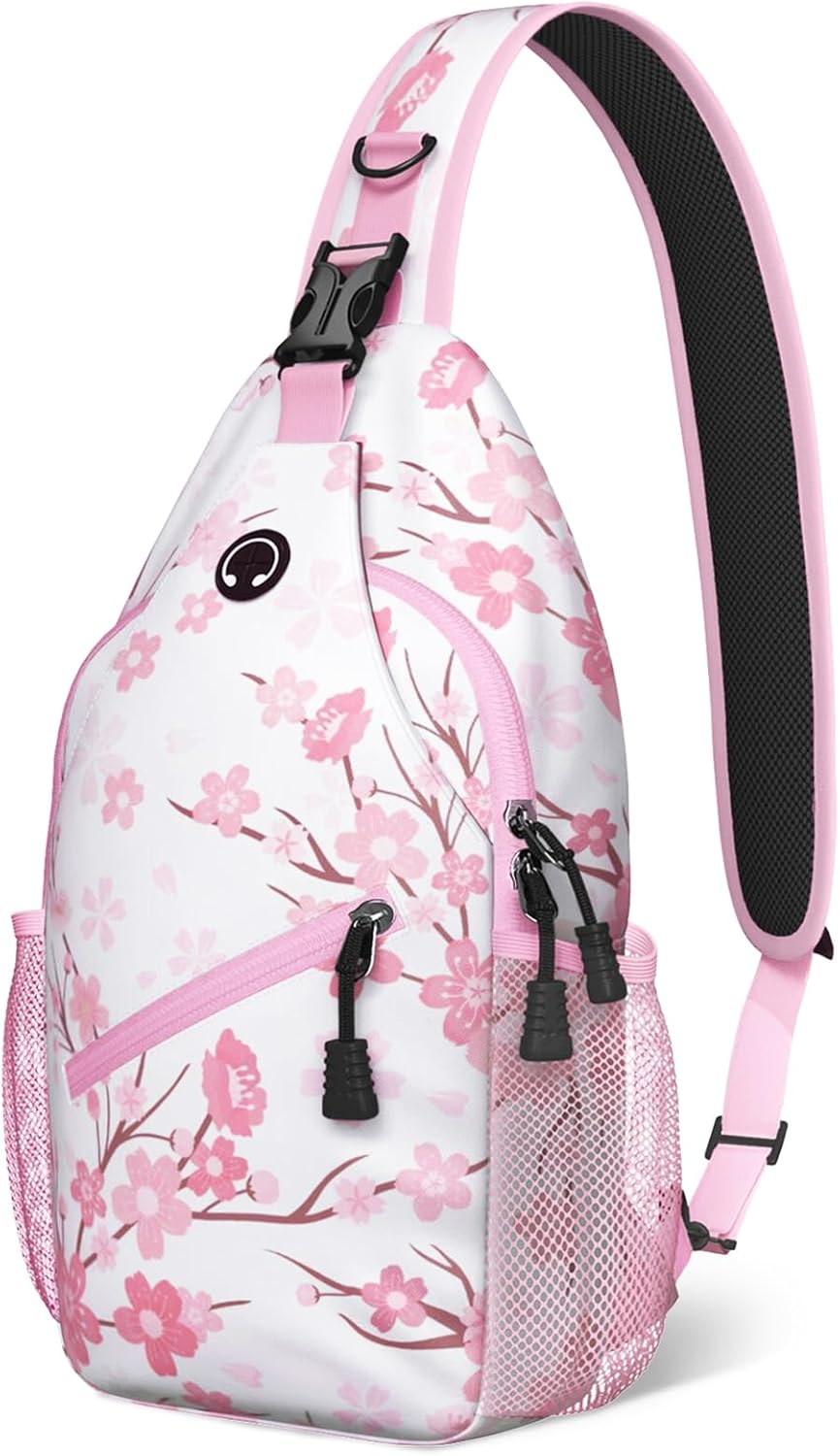 Pink Cherry Blossom Sling Bag Crossbody Chest Bag for Women Men, Water Resistant Lightweight Casual Crossbody Bag with Adjustable Strap, Travel Hiking Daypack Shoulder Backpack