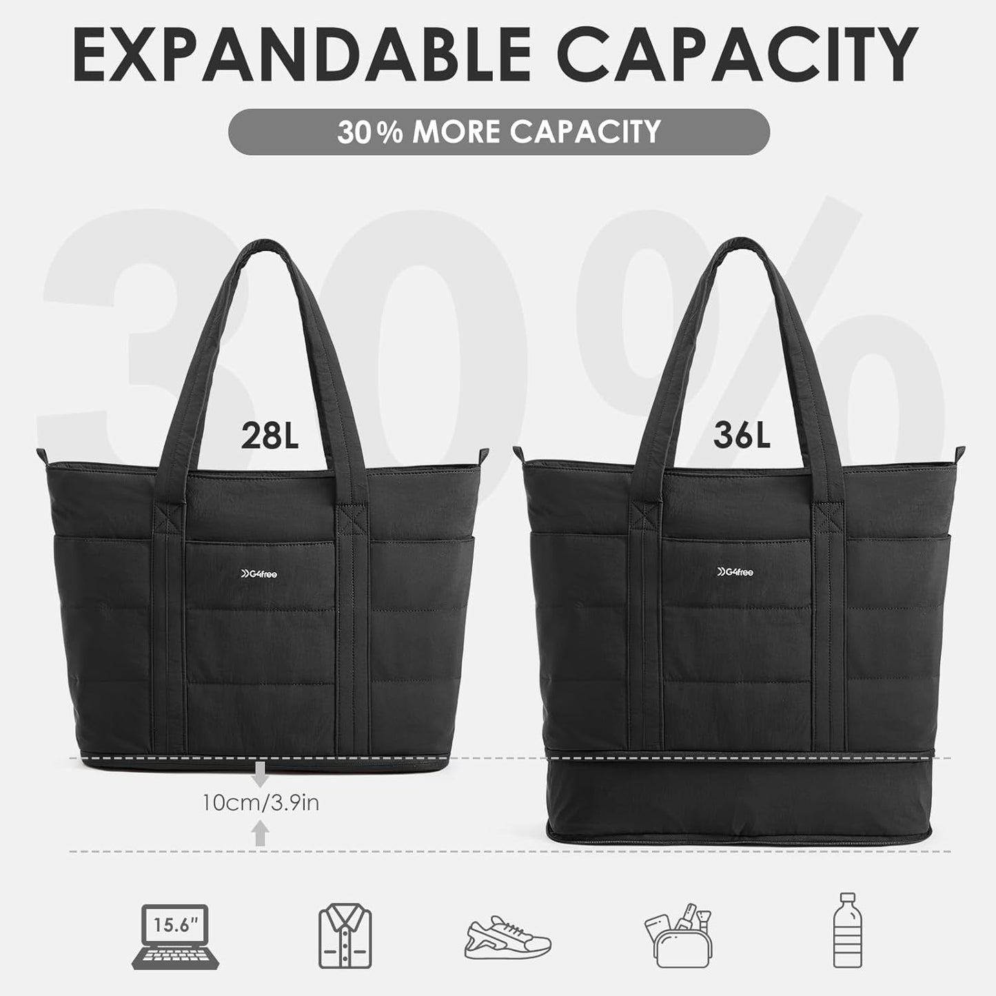 G4Free Tote Bag for Women,Puffer Work Bags with Zipper Compartments, Expandable Handbag for Travel Work Sport