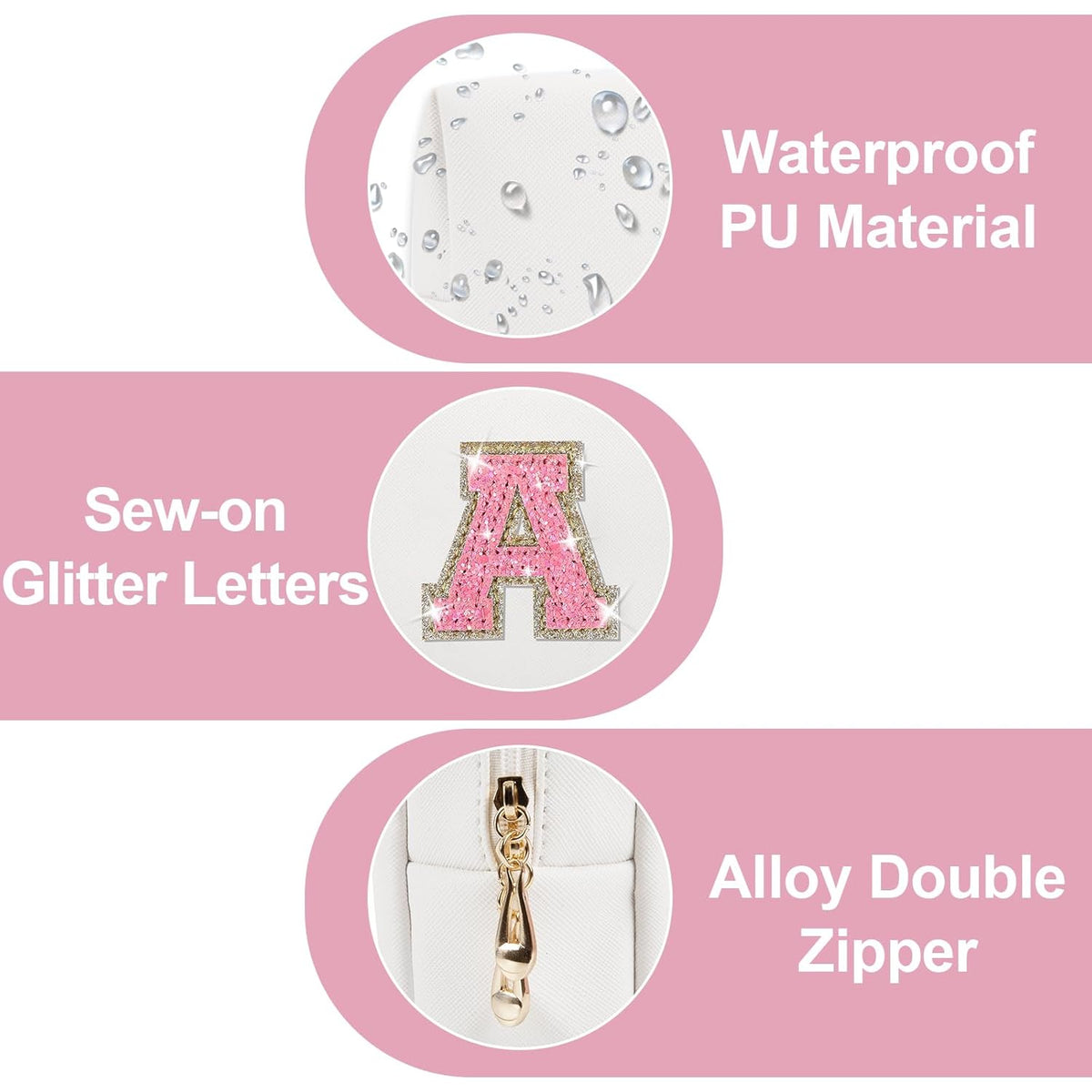 Small Initial Patch Makeup Bag Personalized Gifts Make Up Bag,White Cute PU Leather Glitter Letter