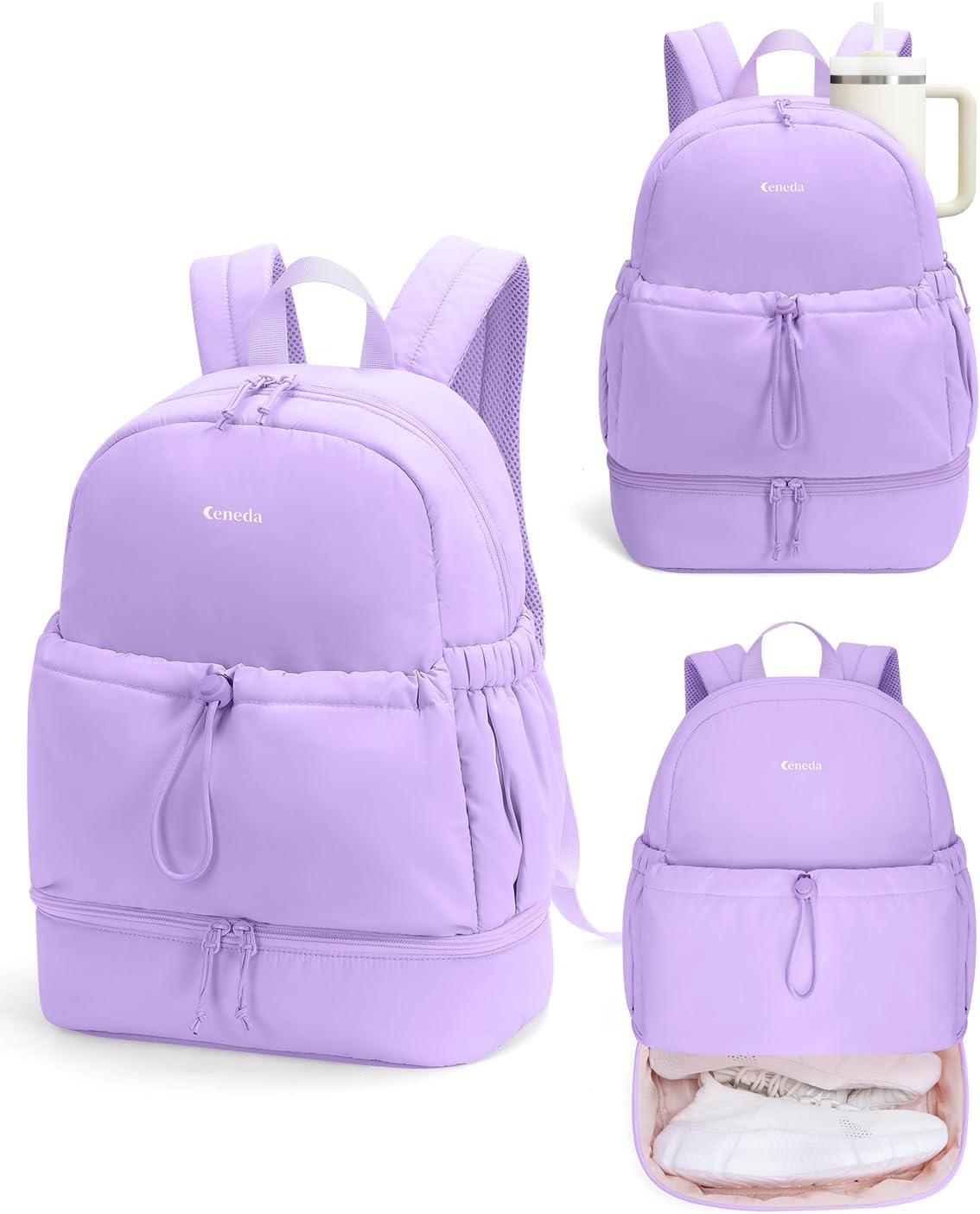 Ceneda Gym Backpack for Women, Lightweight Puffer Backpack with Shoe Compartment, Wet Pocket & Tumbler Strap, Cute Daypack for Fitness, Daily Use & Travel (Purple)