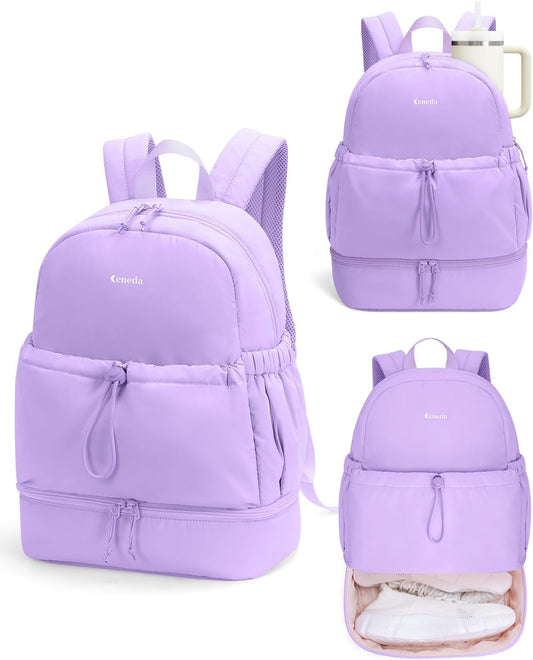 Ceneda Gym Backpack for Women, Lightweight Puffer Backpack with Shoe Compartment, Wet Pocket & Tumbler Strap, Cute Daypack for Fitness, Daily Use & Travel (Purple)