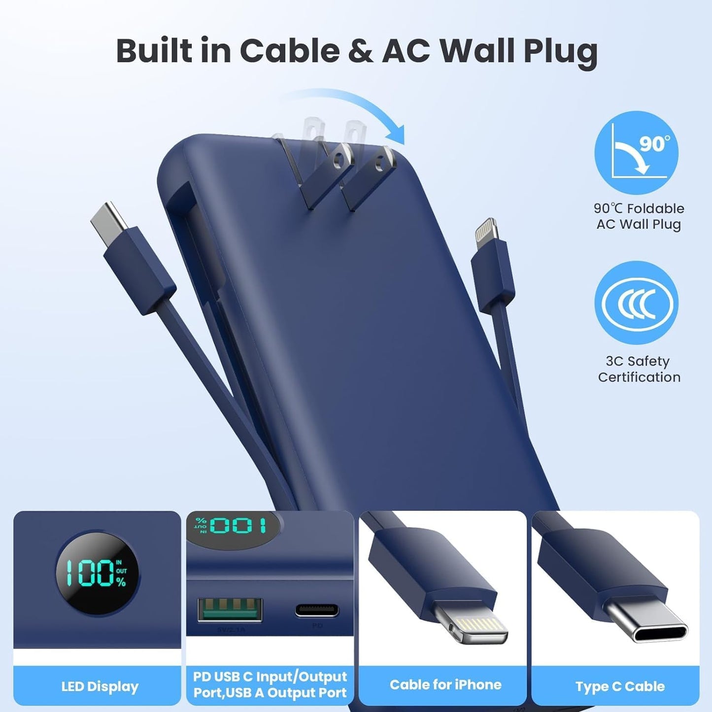 Portable Charger 13800mAh Slim USB C Power Bank with Built in Cables and Wall Plug,LCD Display Lightweight Travel Battery Pack,PD Fast Charging Compatible with iPhone 17,16,Samsung Android-Navy