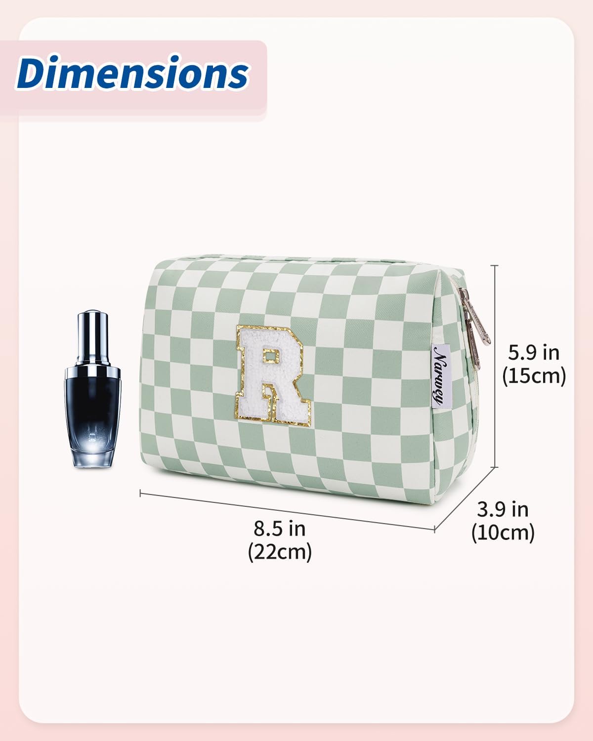 Narwey Birthday Gifts for Teen Girls Women Personalized Initial Checkered Makeup Bag Preppy Cosmetic Bag Trendy Stuff 6 8 10 11 12 13 14 16 18 Years Old Travel Toiletry Bag (Green Letter R)