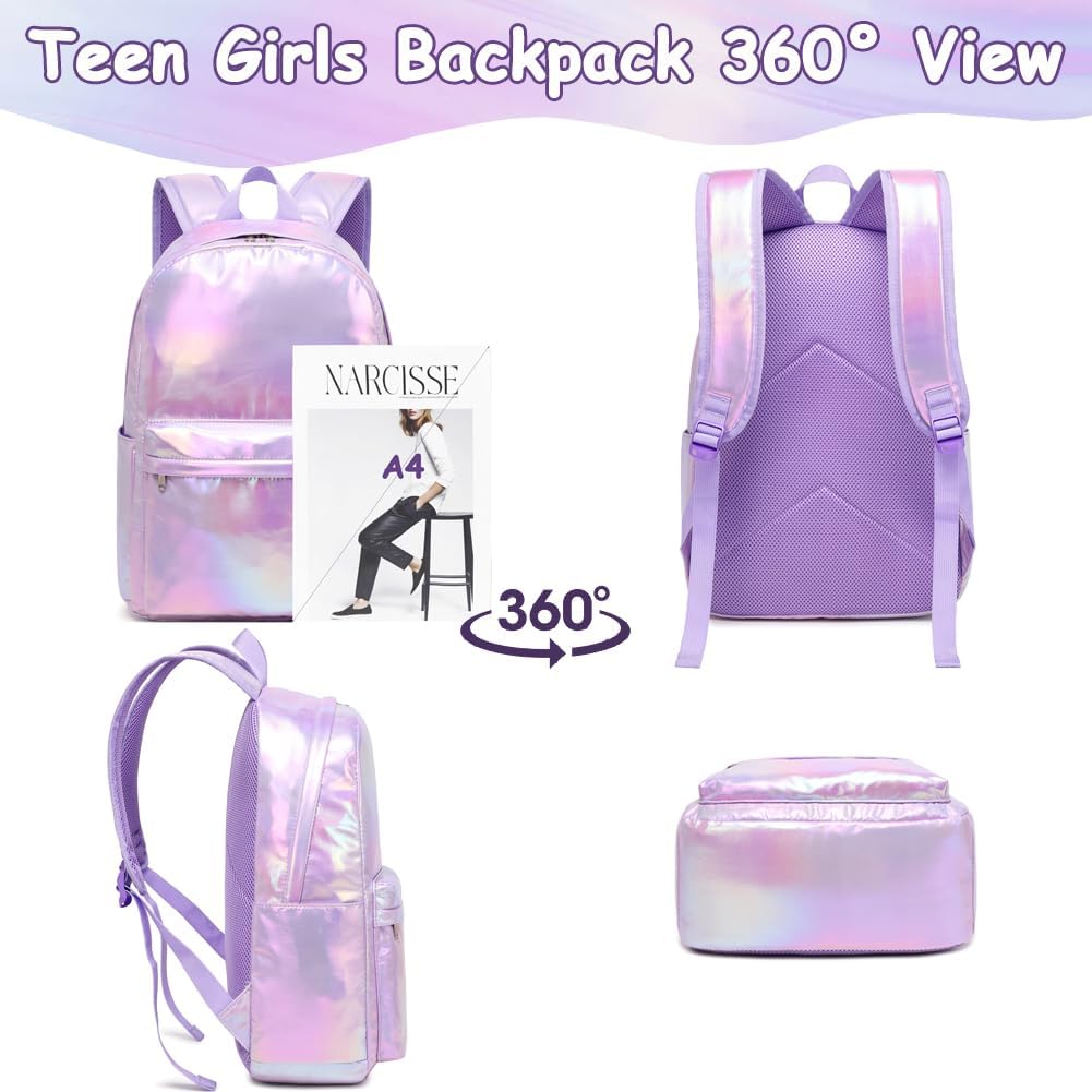 School Backpack for Girls Metallic Purple Girl Backpacks for Kids Elementary Middle School College Teen Girls Casual Daypack Water Resistant