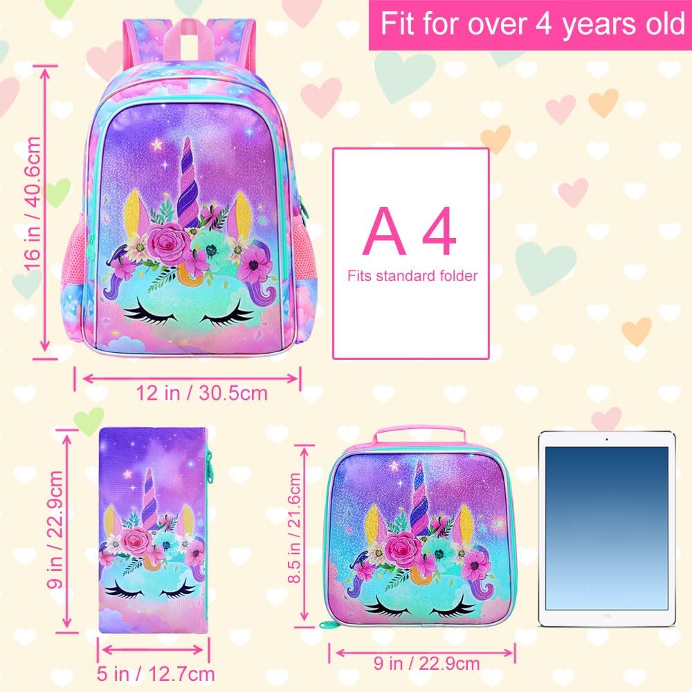 AGSDON 3PCS Backpacks for Girls, 16" Elementary Kids Unicorn Backpack Preschool School Bookbags and Lunch Box