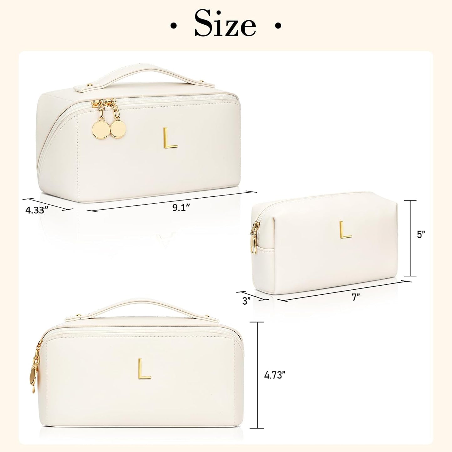 Birthday Gifts for Women Teen Girl, Personalized Initial Makeup Organizer Bag Set, Open Flat Travel Cosmetic Bag With Clear Divider and Handle(Beige,L)