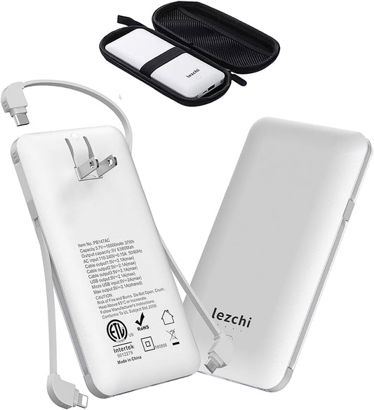 Portable Power Bank, Ultra Slim 10000mAh Portable Charger, USB C External Battery Pack with Built-in AC Plug, Charging Cable, Output Port, Compatible with All Kinds of Cellphones …