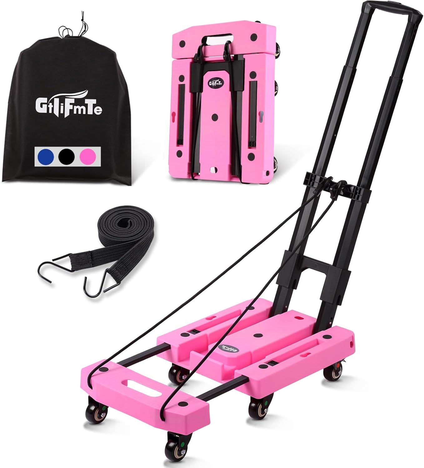 Folding Hand Truck Lightweight Hand Truck Dolly Foldable,Luggage cart with 6 Rotate Wheels, Utility Cart with Adjustable Handle,Collapsible Dolly for Moving-Pink