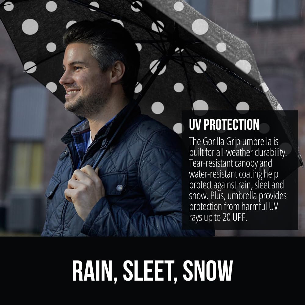 GORILLA GRIP Strong Windproof Stick Compact Umbrella for Rain, One-Click Automatic Open and Close, Durable Quick Dry Waterproof Material, Lightweight and Portable, Travel Size Fits Backpack Polka Dots