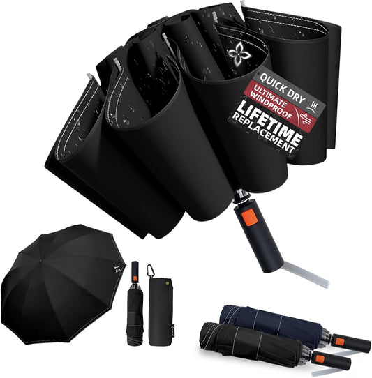 Large Travel Inverted Umbrella, 55" 10 Ribs Windproof for Rain & Sun, Reverse Auto open/close Compact Portable for Men, Reflective Thread for Night Safety