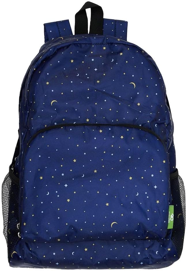 ECO CHIC Hiking Lightweight Packable Backpack - Foldable Daypack for Travel & Hiking & Outdoor Adventures - Waterproof Backpack from Recycled Materials (Stars and Moons Navy)