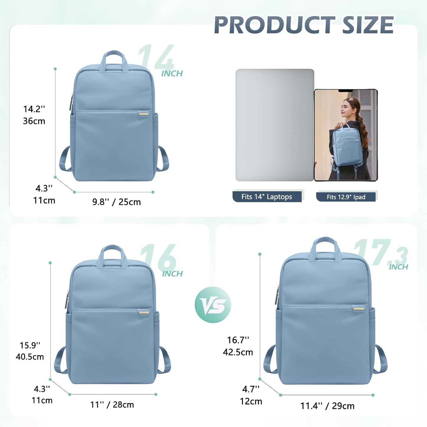 Slim Laptop Backpack for Women, Lightweight Business Backpack for Women Computer Bag Purse for Commuting, Fit 14Inch, Lake Blue