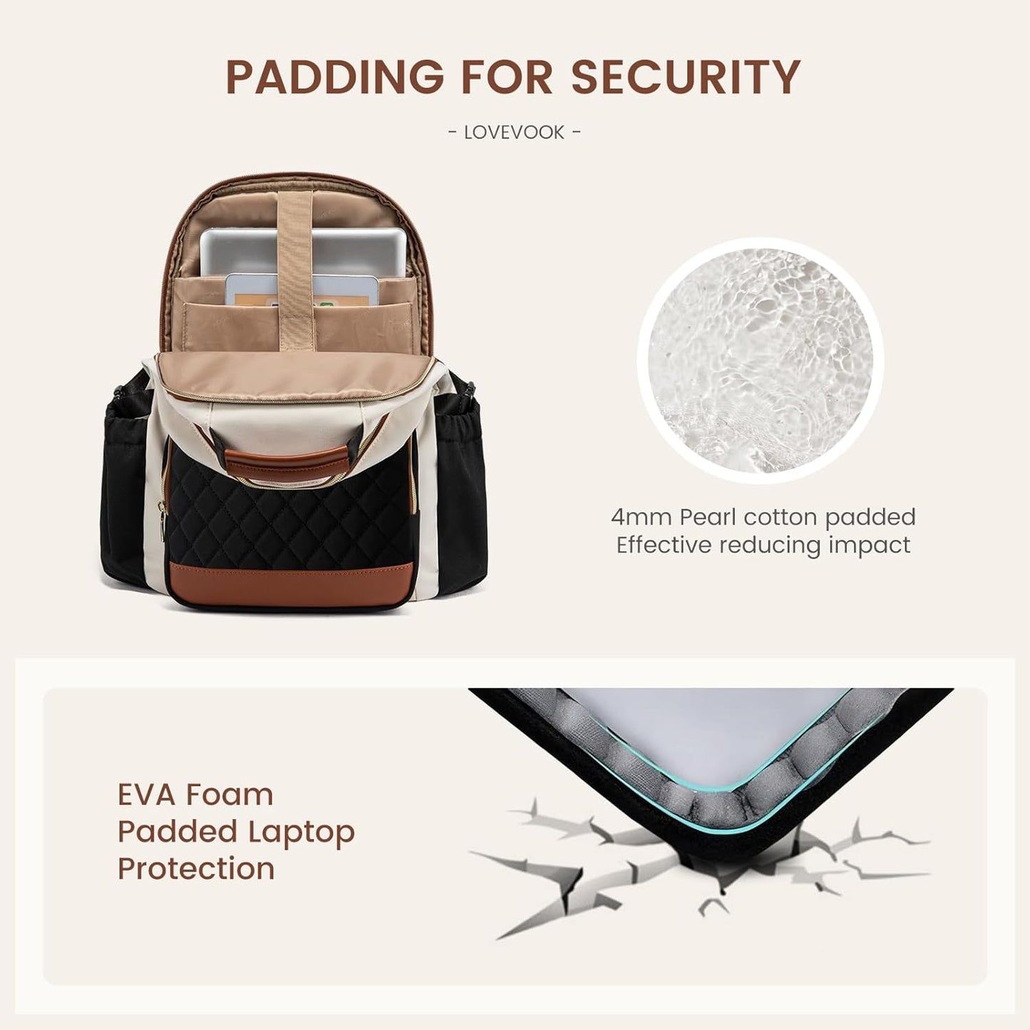 LOVEVOOK Laptop Backpack for Women with Pouch Pocket for Large Capacity Cup,18 Inch Teacher Nurse College Work Travel Backpack Purse,Waterproof Laptop Computer Bags,Beige-Black-Brown+Diamond-shaped