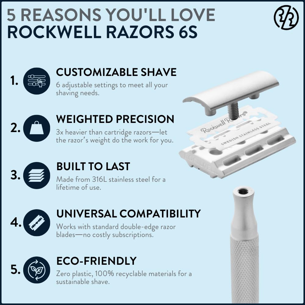 Rockwell Razors 6S Matte Stainless Steel Safety Razor. Adjustable Single Blade Razor With 6 Shave Settings and 5 Recyclable Blades. Custom Shaves For Men and Women. Reduces Razor Burn and Irritation.