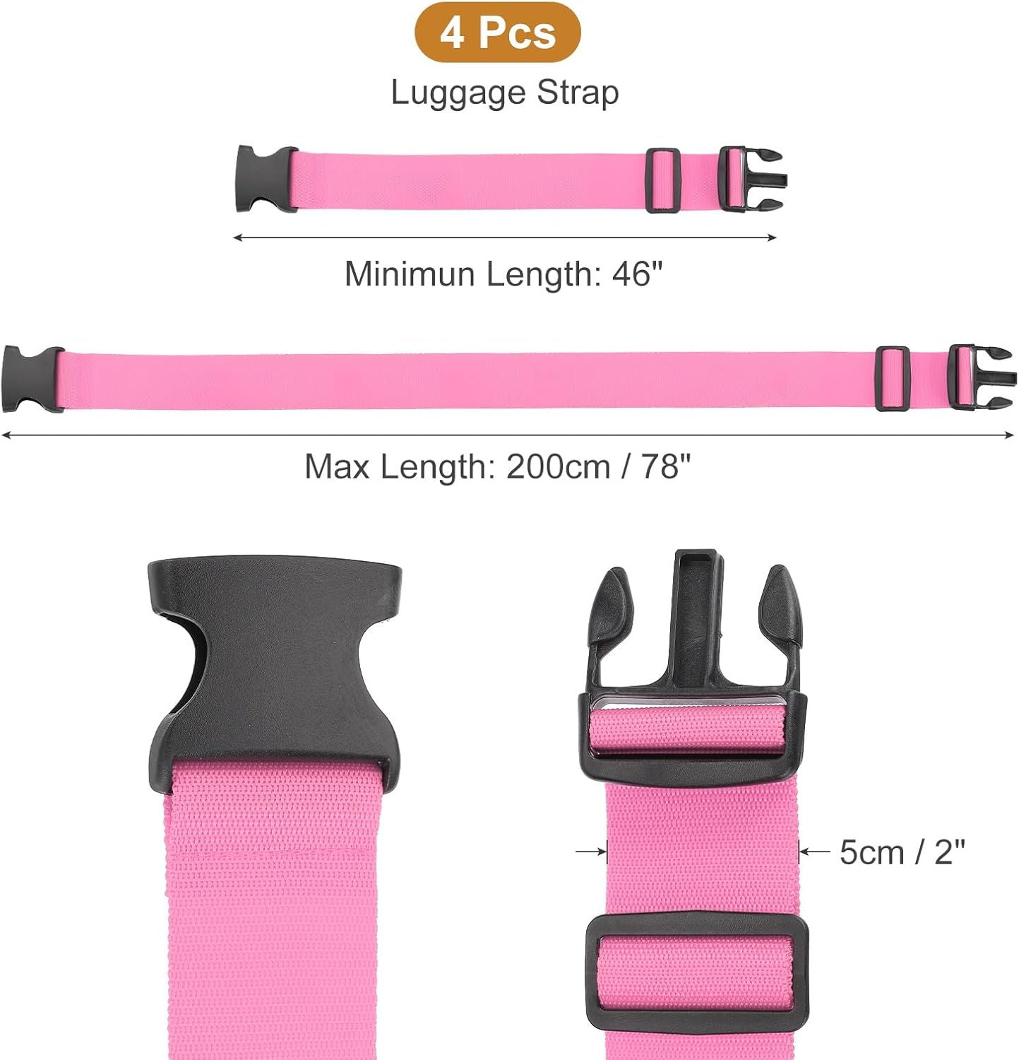MECCANIXITY Luggage Straps with Quick-Release Buckle Adjustable Suitcase Belt Strap for Suitcase Briefcase Backpack Travel, Pink, Pack of 4