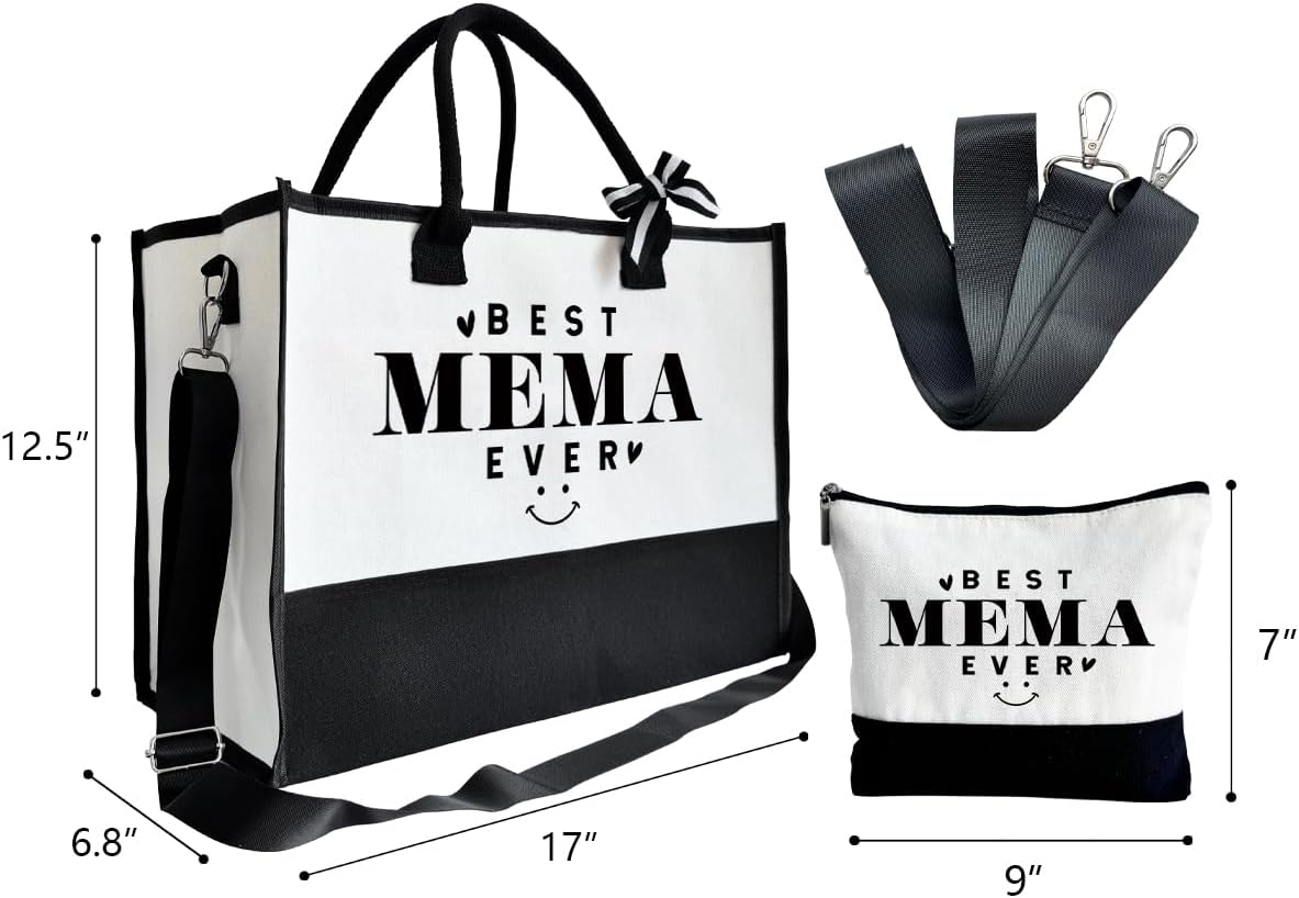 Gift for Best Mema Ever, Large Canvas Beach Bag with Inner Pocket and Makeup Pouch, Reusable Travel Outing Shoulder Bag for Women, Birthday Gift or Mother’s Day Present for Mema and Grandma