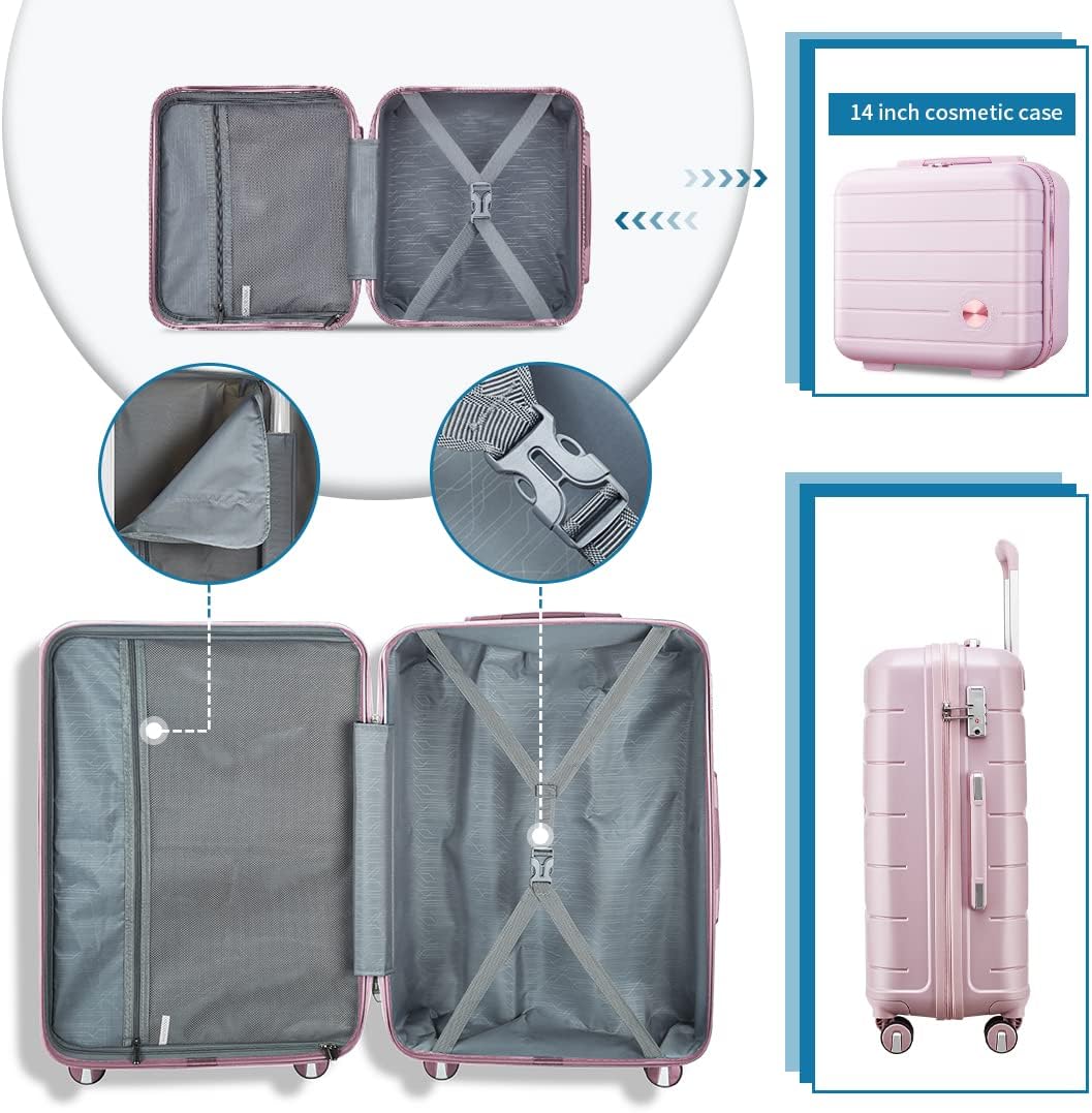 Somago Luggage Sets 3 Piece Hard Shell Polypropylene Suitcase with TSA Lock Spinner Carry On Luggage with Beauty Case Travel Set,Nude Pink