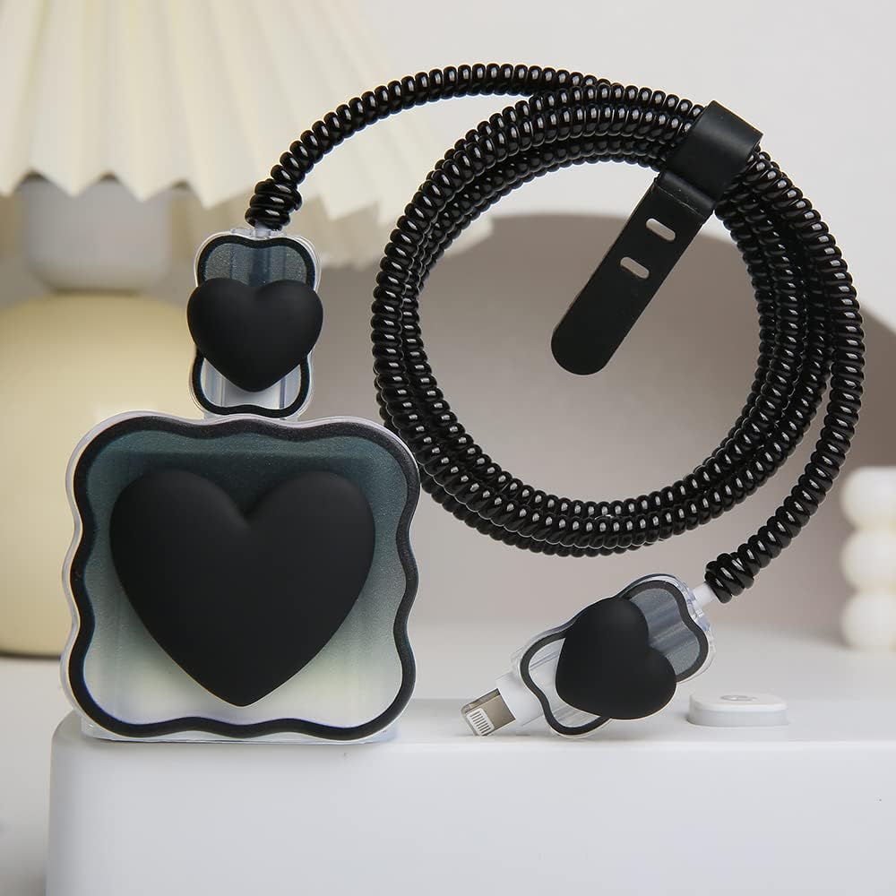 Compatible with iPhone 18W/20W USB-C Charger Cover Lovely 3D Love Heart Waves Clear Soft Charger Protector Cute Cable Saver for iPhone 11 12 13 14 Pro Max Fast Power Adapter, Black 1 (5in1)