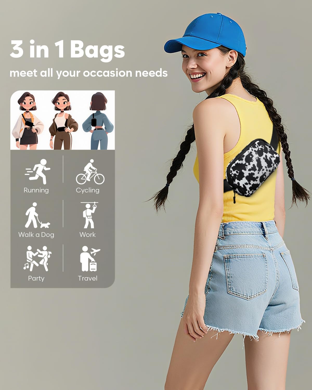 Fanny Packs for Women Cross Body Bag Waterproof Belt Bag with Adjustable Strap and Zipper Back Pocket Small Crossbody Bags Fashion Waist Packs for Workout Travelling(Cow Print)