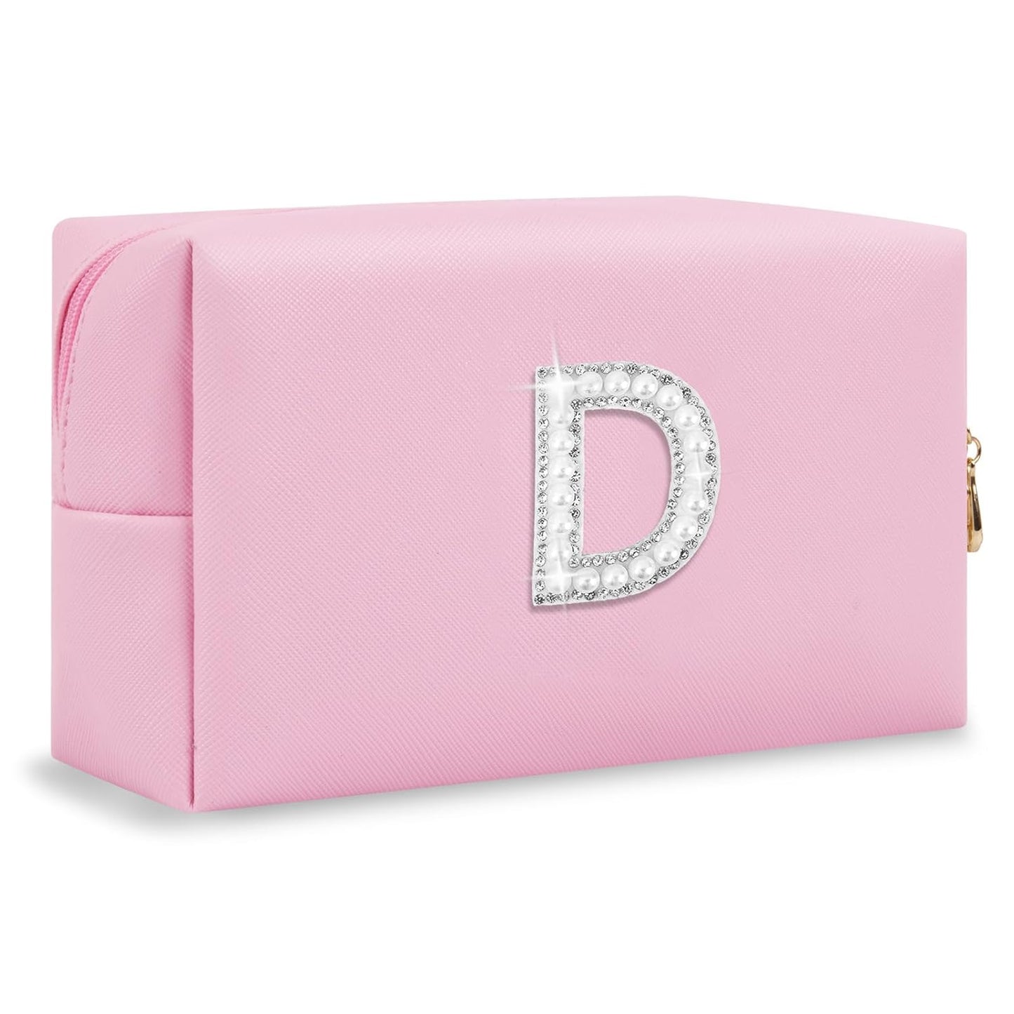 ChaoGreat Bride Gifts – Personalized Initial Makeup Bag with Pearl Rhinestone Patch, Preppy Pink