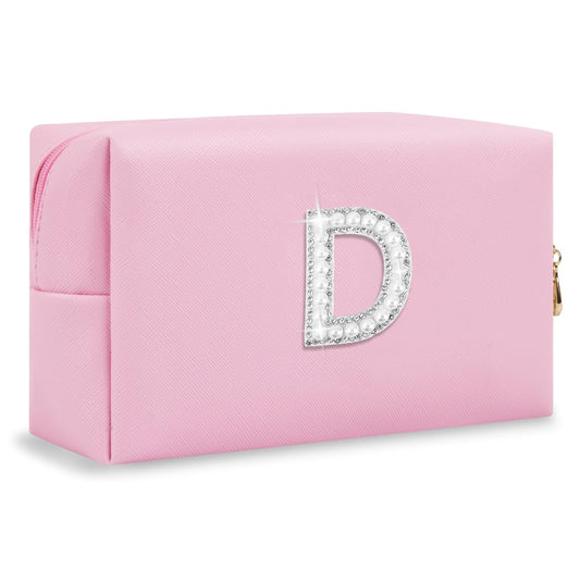 ChaoGreat Bride Gifts – Personalized Initial Makeup Bag with Pearl Rhinestone Patch, Preppy Pink Monogram Cosmetic/Toiletry Pouch, bridesmaid Gifts, Bridal Shower Gifts, Wedding Gifts, Bridal Gifts,D