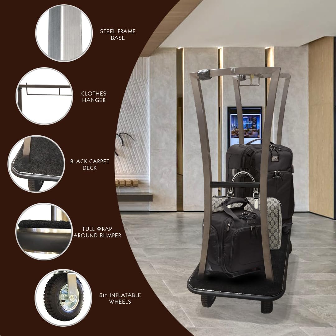 MonarchCarts Hotel Luggage Cart, Premium Quality Stainless Steel, Full Wrap-Around Bumper, 1.25in Tubing, 8in Inflatable Wheels, 1500lbs Capacity - Hotel Bellman’s Cart Ideal for Valet Luggage