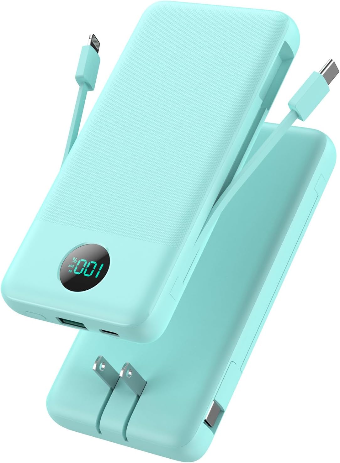 Portable Charger 13800mAh Slim USB C Power Bank with Built in Cables and Wall Plug,LCD Display Lightweight Travel Battery Pack,PD Fast Charging Compatible with iPhone 17,16,Samsung Android-Green
