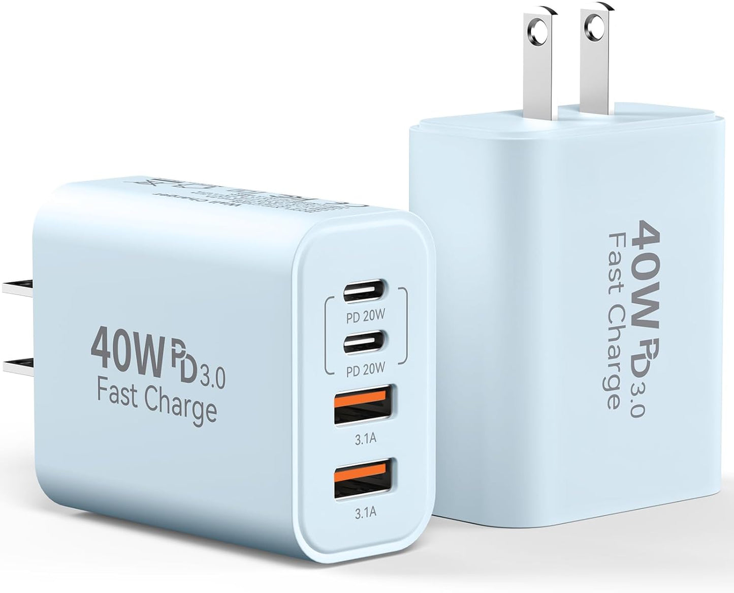 USB C Wall Charger Block, 2Pack 40W 4-Port C Charger Fast Charging Block PD Power Adapter +QC 3.0 USB A Wall Plug Multiport Type C Box Cube for i Phone 15/14/13/12/11 Pro Max, pad, Galaxy, Blue