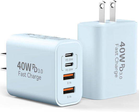USB C Wall Charger Block, 2Pack 40W 4-Port C Charger Fast Charging Block PD Power Adapter +QC 3.0 USB A Wall Plug Multiport Type C Box Cube for i Phone 15/14/13/12/11 Pro Max, pad, Galaxy, Blue