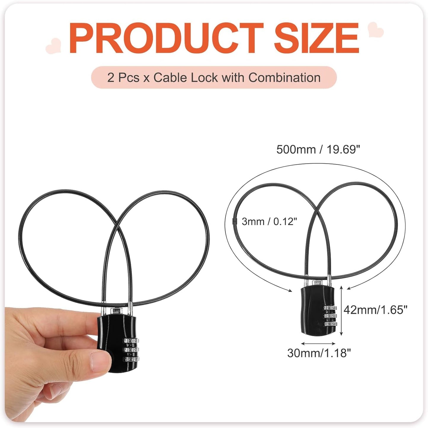 MECCANIXITY 2 Pcs Luggage Travel Lock, 3 Digit Cable Combination Lock 1-3/16" Width Body with 20" Long Cable for Suitcase Bag Cabinets Small Fences Gym, Black