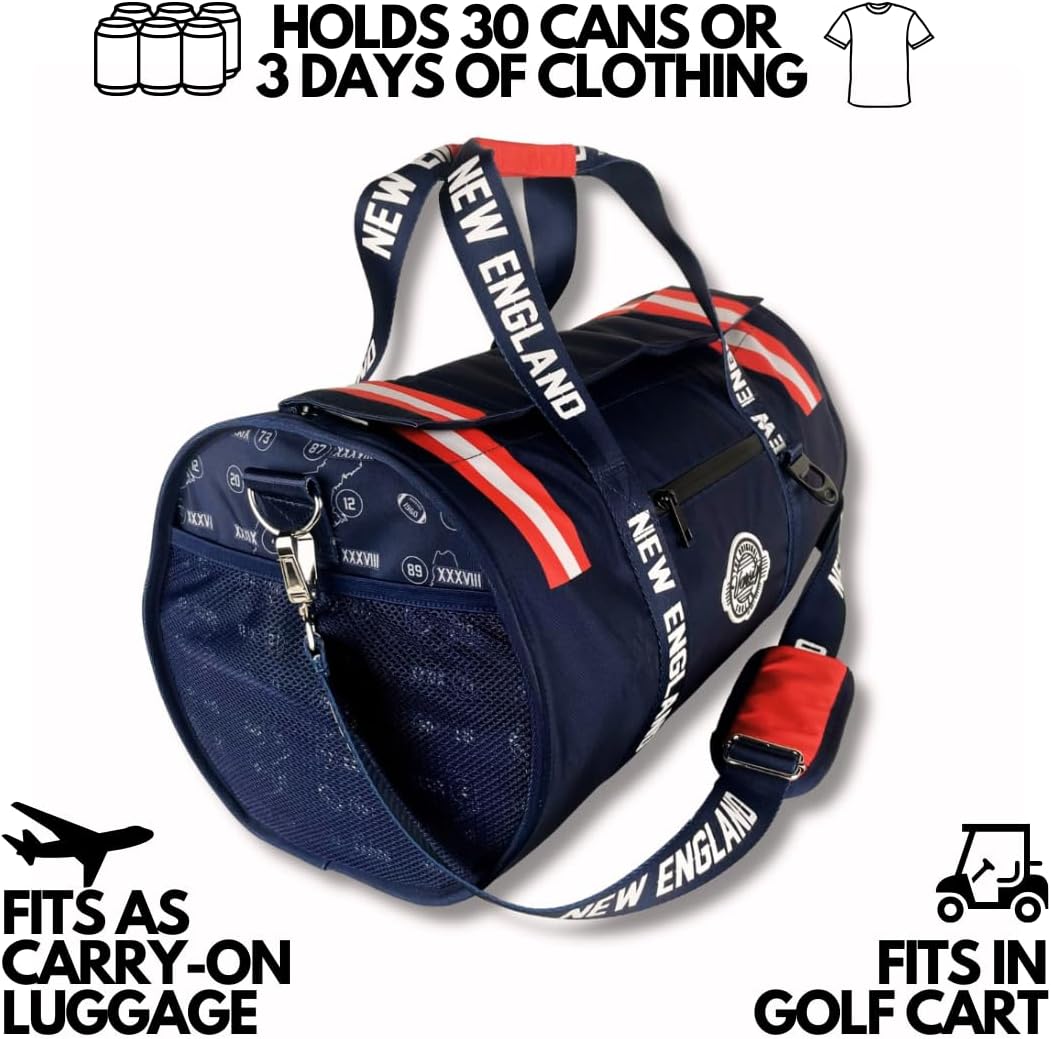 Varsity Cooler New England Travel Party Duffel & Cooler – 30 Can Leakproof Insulated Tote Bag, Waterproof Soft compartment for Tailgating, Golf, Beach, Carry-On Luggage, Outdoor Sports