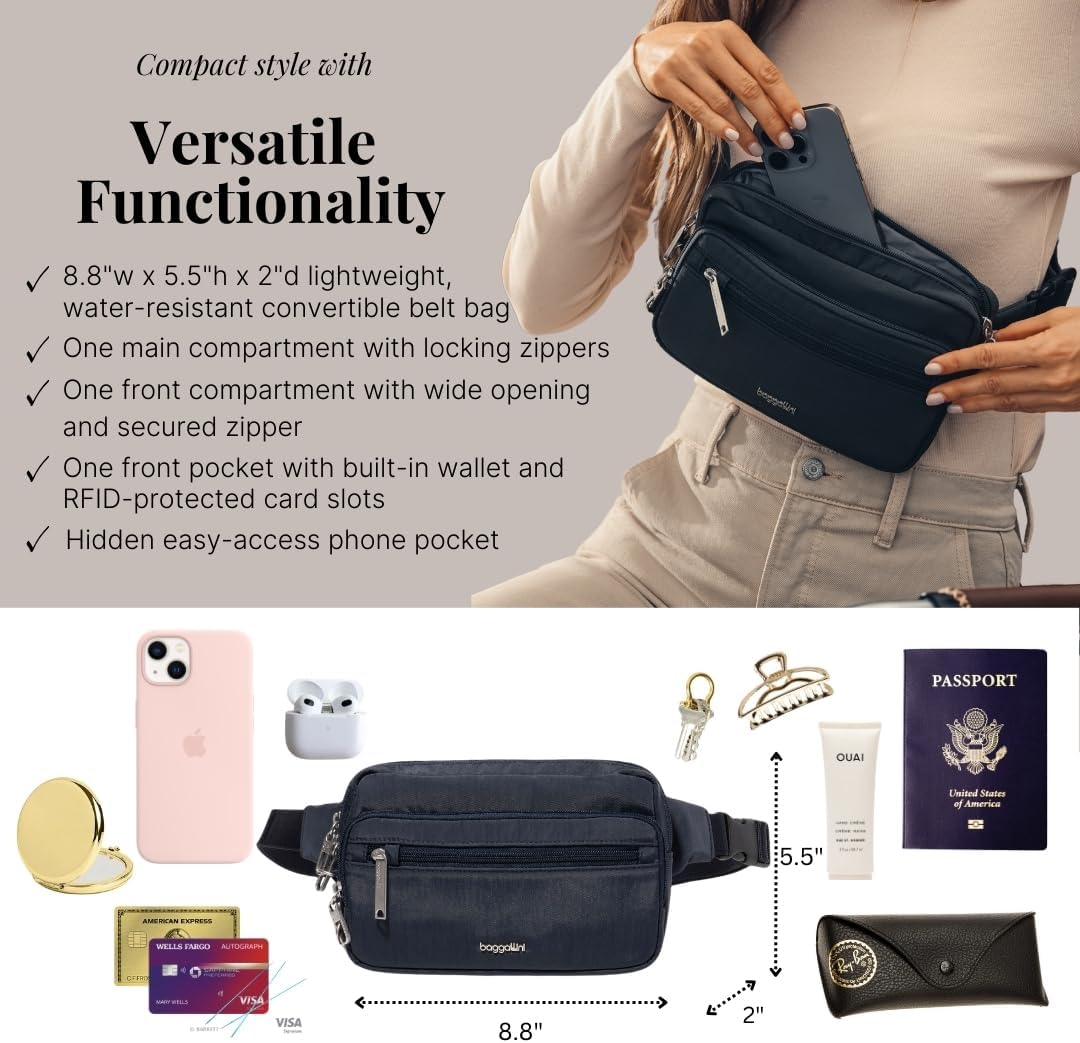 Baggallini Securtex Anti-Theft Belt Fanny Pack for Women RFID Wallet Locking Zipper-Travel Bag Crossbody Purse