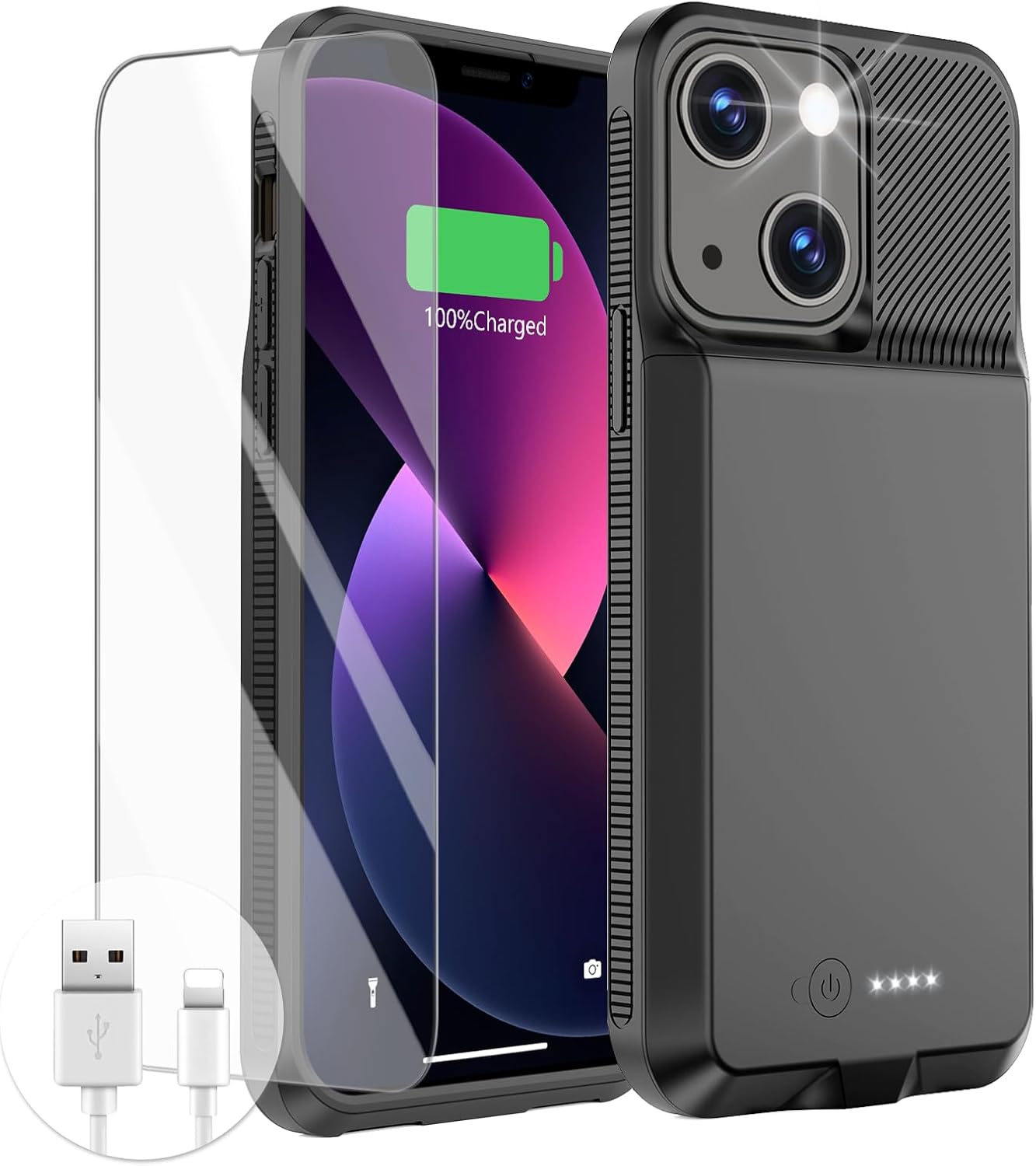 GIN FOXI Battery Case for iPhone 13/13 Pro/14/14 Pro, Charging Cases Real 7000mAh Rechargeable Anti-Fall Protection Extended Charger Cover Ultra-Slim Juice Pack,Black, 6.1"