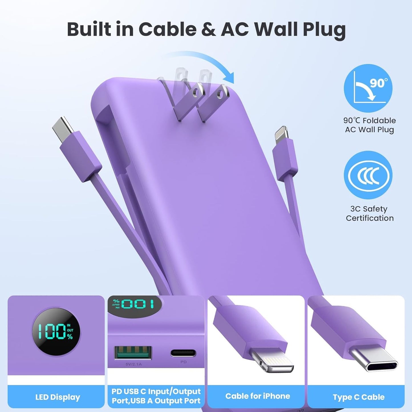 Portable Charger 13800mAh Slim USB C Power Bank with Built in Cables and Wall Plug,LCD Display Lightweight Travel Battery Pack,PD Fast Charging Compatible with iPhone 17,16,15,Samsung Android-Purple