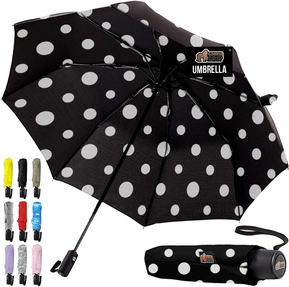 GORILLA GRIP Strong Windproof Stick Compact Umbrella for Rain, One-Click Automatic Open and Close, Durable Quick Dry Waterproof Material, Lightweight and Portable, Travel Size Fits Backpack Polka Dots