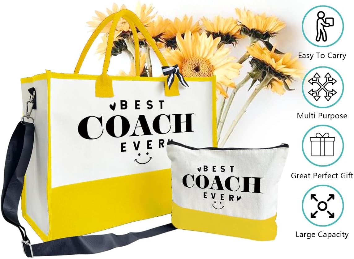 SUSZDOU Gifts for Best Coach Ever - Canvas Beach Tote Bag with Matching Makeup Pouch, Durable Travel Gym Camping Bag, Thank You Gift for Sports Coach, Female Trainers Gifts for Women D1