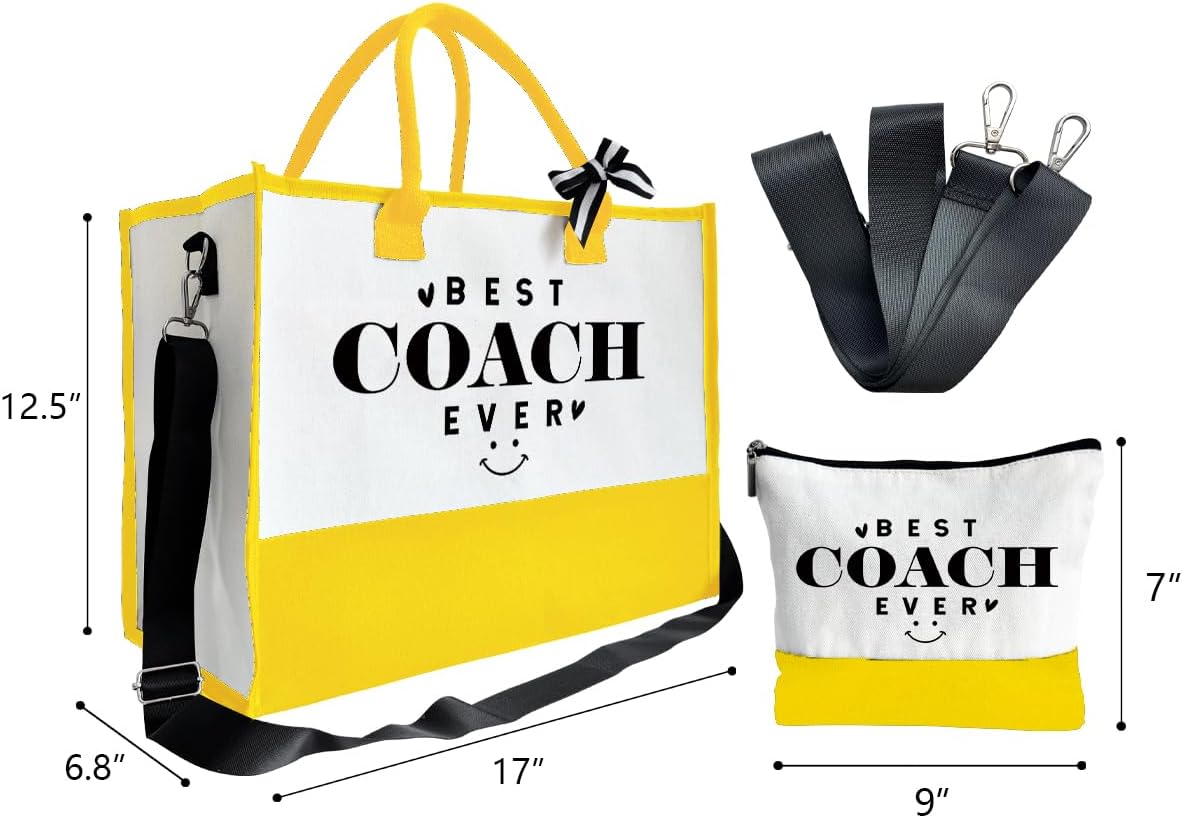 SUSZDOU Gifts for Best Coach Ever - Canvas Beach Tote Bag with Matching Makeup Pouch, Durable Travel Gym Camping Bag, Thank You Gift for Sports Coach, Female Trainers Gifts for Women D1