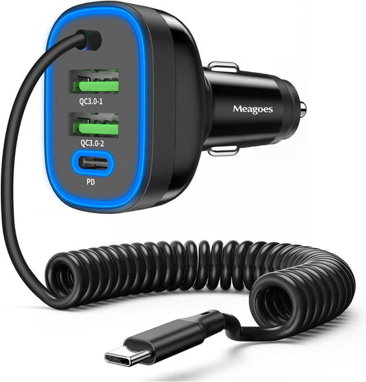 90W 4 Port USB C Super Fast Car Charger with 5ft Type C Coiled Cable for iPhone 17 Pro Max/Air/16/15 Pro Max/Plus/iPad Pro, Samsung Galaxy S25 Plus/Ultra/S24, Pixel 10 Pro Car Phone Charger Adapter