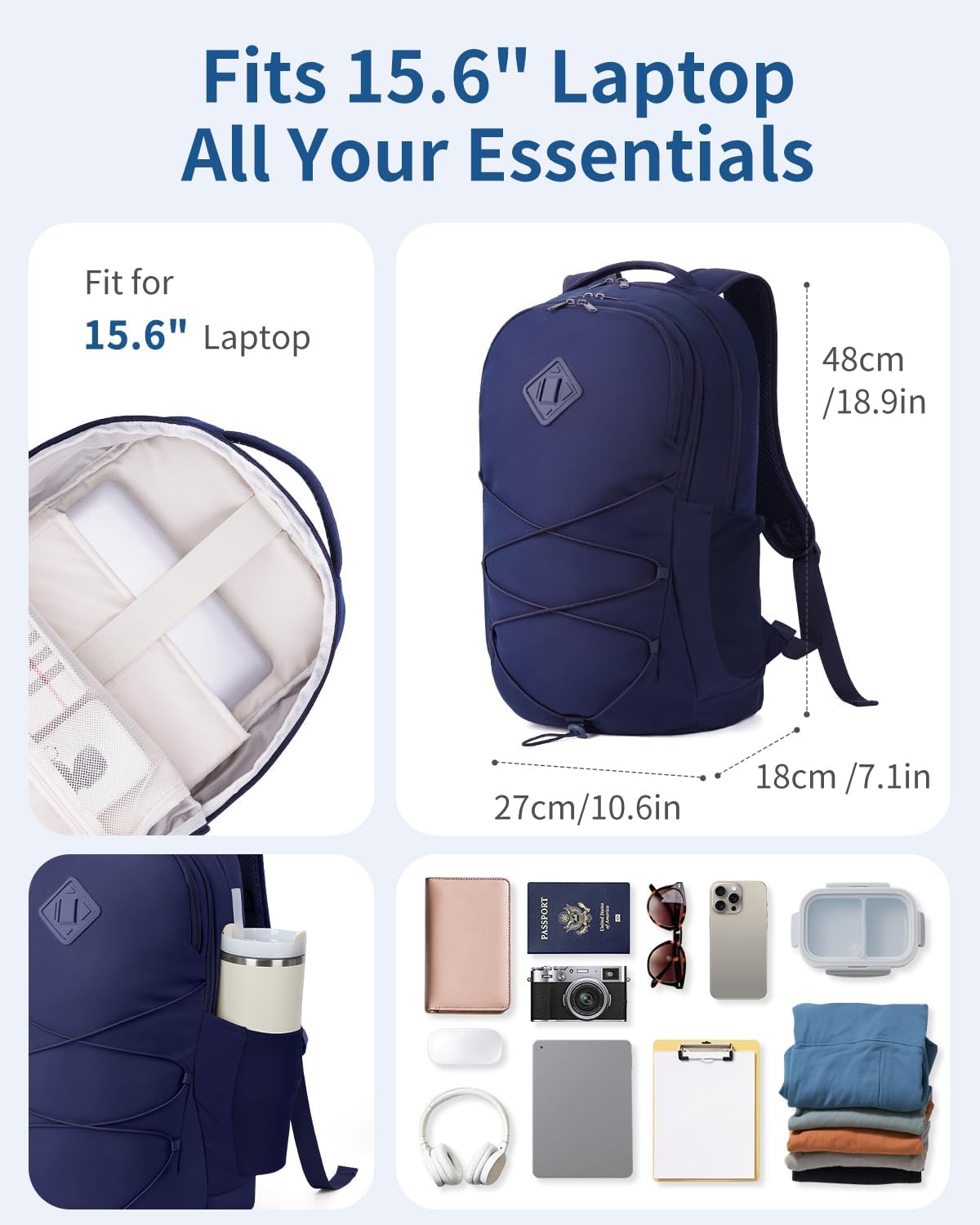 WANDF 15.6-Inch Laptop Backpack for Women, Travel Backpack Water-Resistant Lightweight College Backpack for Work Casual Business Weekender (Navy Blue)