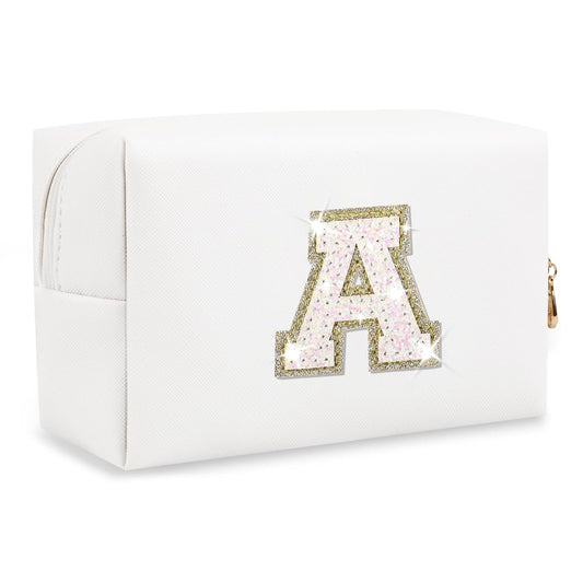 Small Initial Patch Makeup Bag Personalized Gifts Make Up Bag,White Cute PU Leather Glitter Letter Cosmetic Bag with Zipper,Trendy Portable Travel Toiletry Pouch,Preppy Stuff for Teen Girls Women A