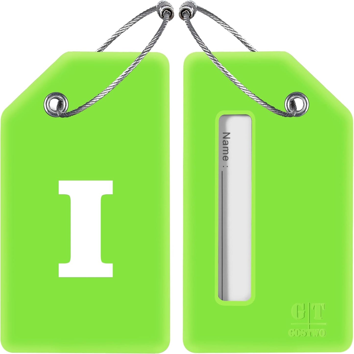 Gostwo 2 Pack Silicone Luggage Tags for Suitcases, 26 Initial Letter Baggage Labels Handbag School Bag Suitcase Instrument Tag with Stainless Steel Loop(Green)(Letter I)