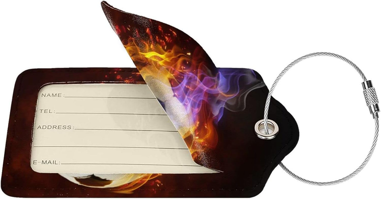2 Pack Soccer Luggage Tag for Suitcases for Travel, Sports-Themed Backpack Bag Case Tags for Teen Boys Men Cool Flame PU Leather Baggage Tag with ID Label Privacy Flap Cover