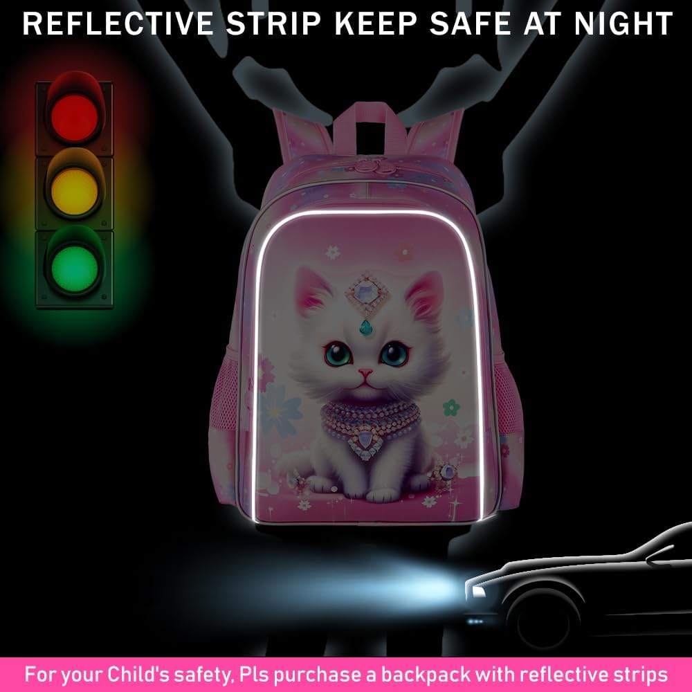 3PCS Girls Cat Backpack, Water Resistant Kids Bookbag Set with Lunch Box，Cute Elementary School Bag for Preschool Toddler