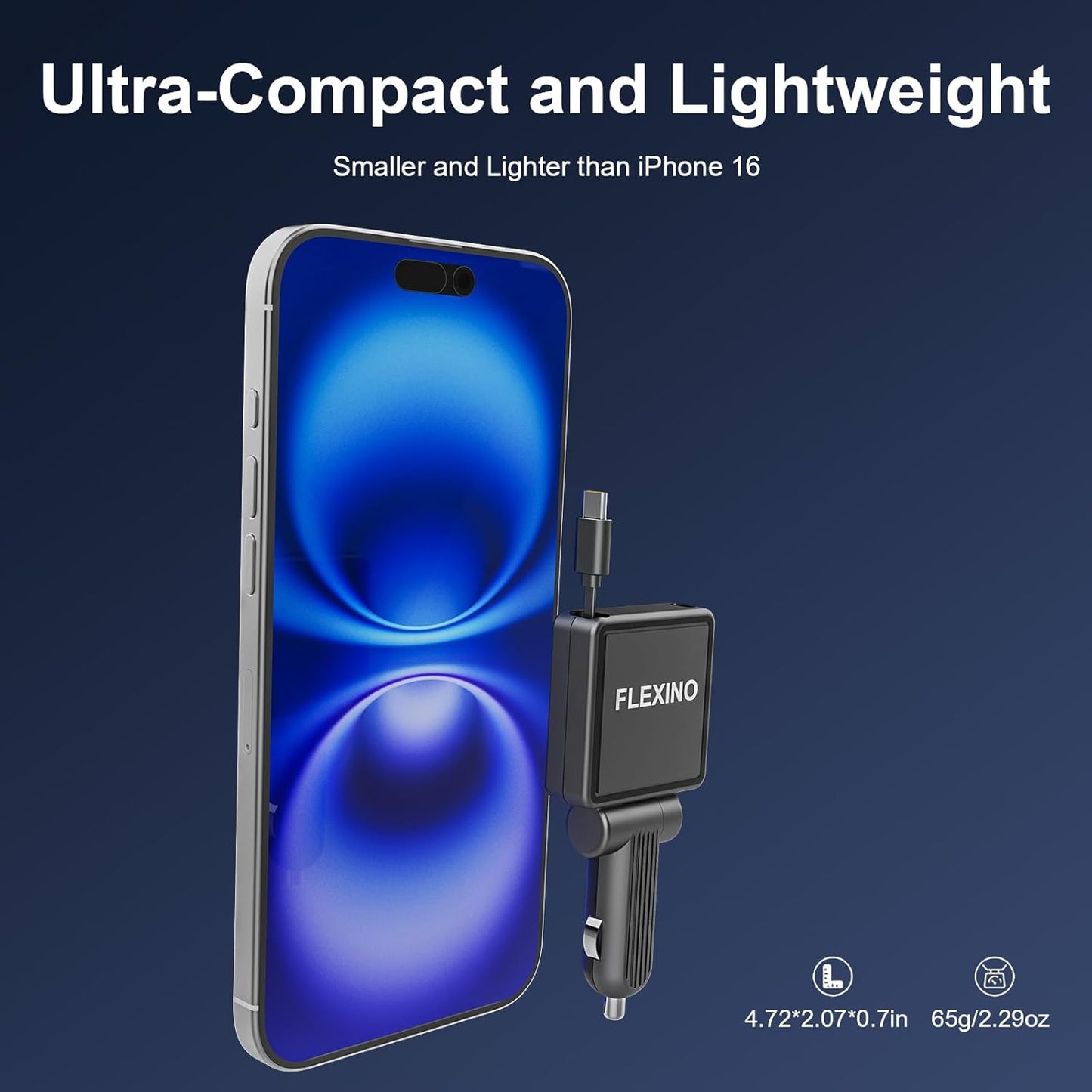Flexino 【Ultra-Slim】 Retractable Car Charger for iPhone 16, Fast Charging Car Chargers, USB C Car Charger Adaptor, Cigarette Lighter Adapter for iPhone 16/15 Series, Galaxy, Pixel (Black 2 Packs)