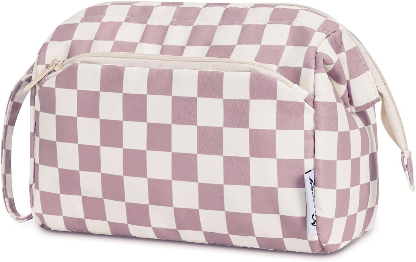 Narwey Checkered Makeup Bag Women Wide-open Make up Bag Travel Cosmetic Bag Organizer Toiletry Bag for Cosmetics Toiletries Accessories (Dusty Rose Checkerboard)