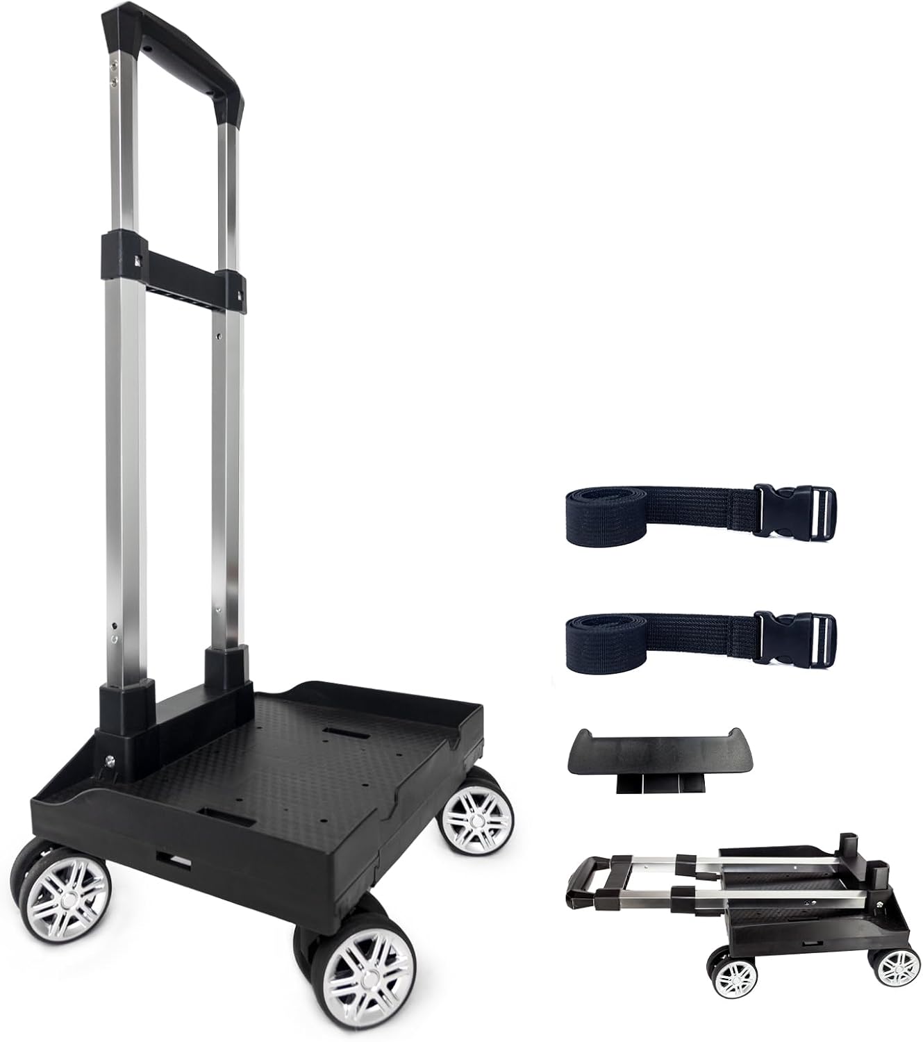 Backpack Trolley Wheeled Cart, Foldable Aluminium Alloy Hand Truck with Edge Guard Base, 4 Spinner Wheels, Luggage Cart with Luggage Strap for Teenagers, Adults, School,Luggage Trolley for Travel